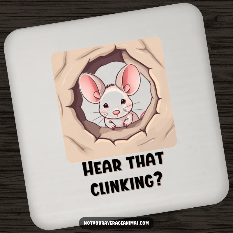 Funny drink coaster with a tiny mouse and its large ears peeking from a hole, a cute and humorous coaster design.