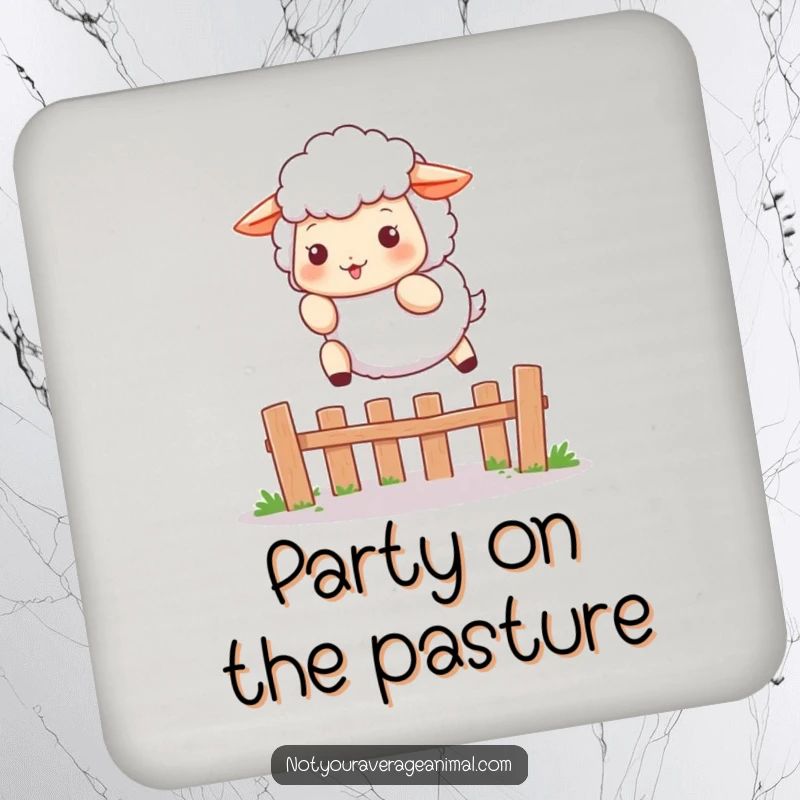 Funny drink coaster with a fluffy sheep character playfully leaping over a small fence, adding charming protection to surfaces.