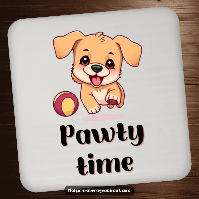 Funny Drink Coasters featuring a playful dog with floppy ears, hilariously chasing a bouncing ball, protecting surfaces with style.