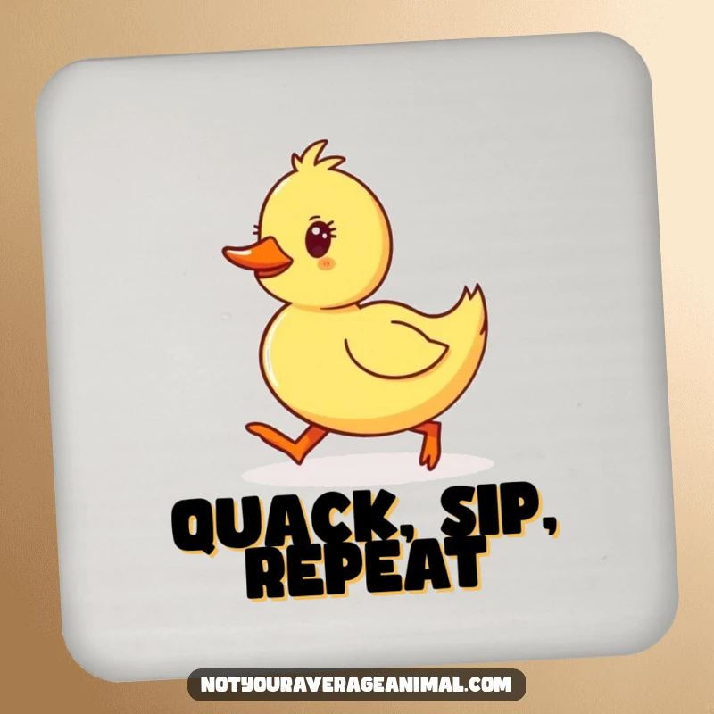 Funny Waddling Duckling Coaster, a protective drink accessory featuring a yellow duckling waddling with determined, happy steps.