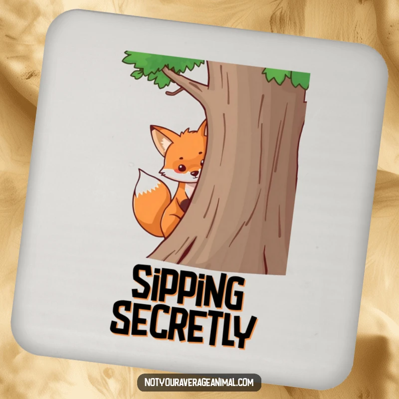 Funny fox drink coasters with a bushy tail peeking playfully from behind a tree, offering humorous and protective surface decoration.