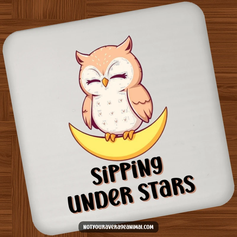 Funny Owl Moon Coaster: A contented owl blinks slowly, perched on a crescent moon, adding a peaceful touch.