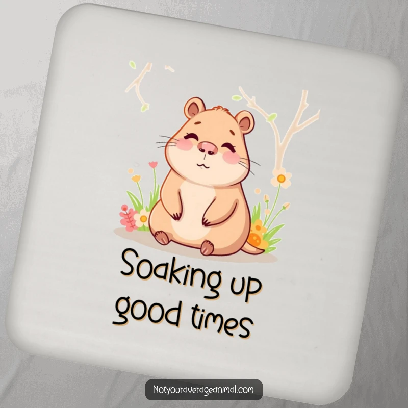 Funny capybara coaster with a happy character relaxing in a warm spring, protecting surfaces with serene vibes.