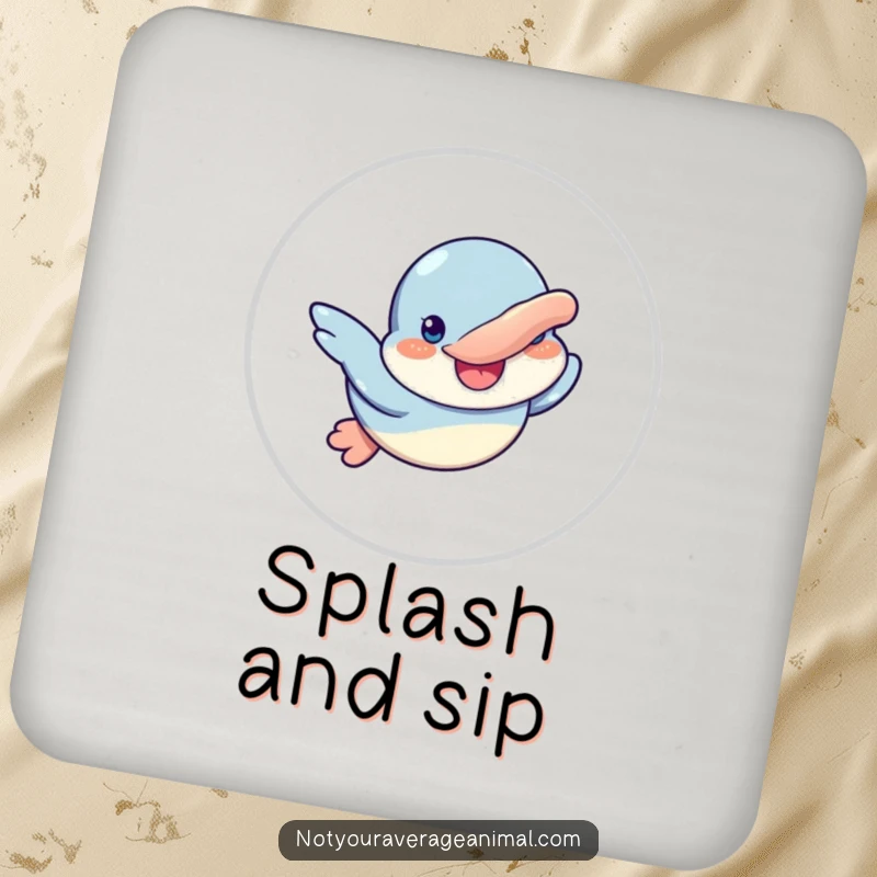 Funny drink coasters featuring a goofy platypus character swimming with a smile, adding aquatic charm to tabletops.