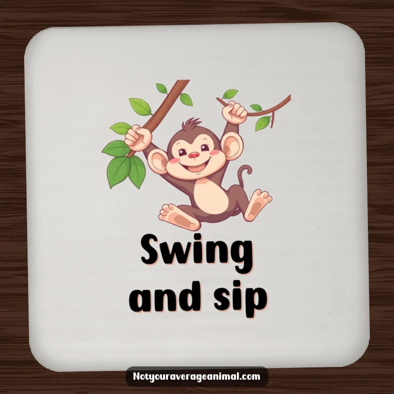 Funny monkey coasters with a silly monkey grinning while swinging from a vine, adding humor to drink service.