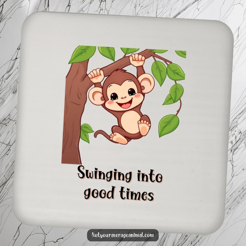 Funny coaster depicting a silly monkey swinging from a vine, offering humorous protection for tables.