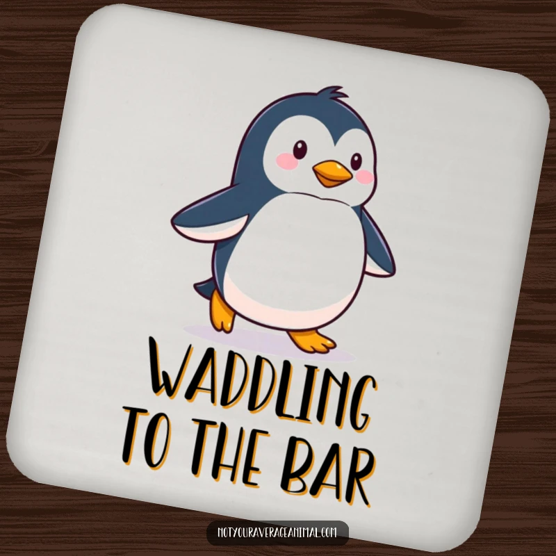 Funny coaster depicting a proud penguin waddling happily, offering humorous protection for tables.