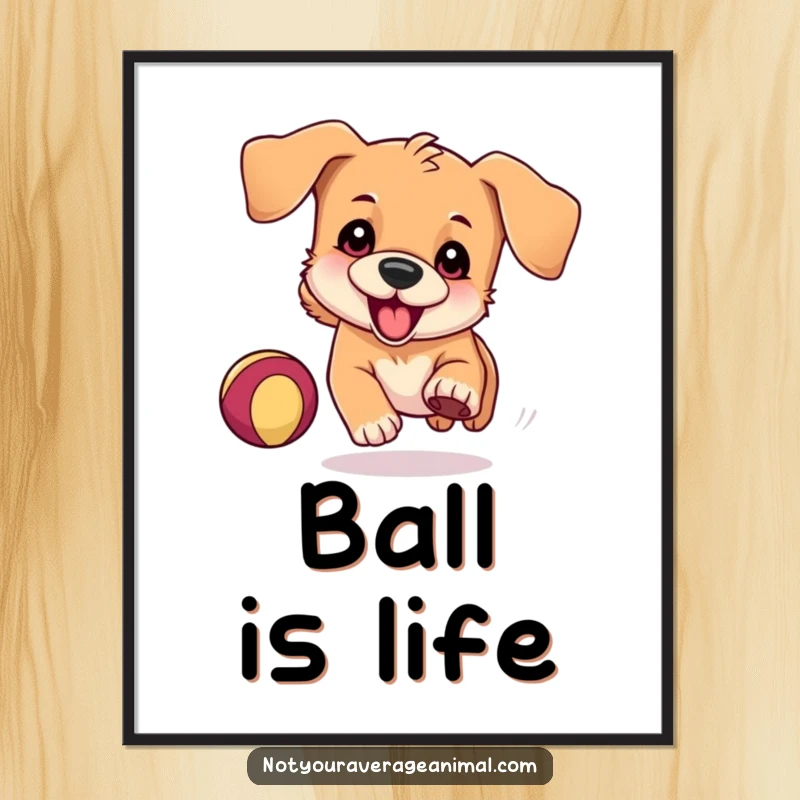 Funny Poster depicting a playful dog with floppy ears, humorously chasing a bouncing ball, adding a touch of energetic art.