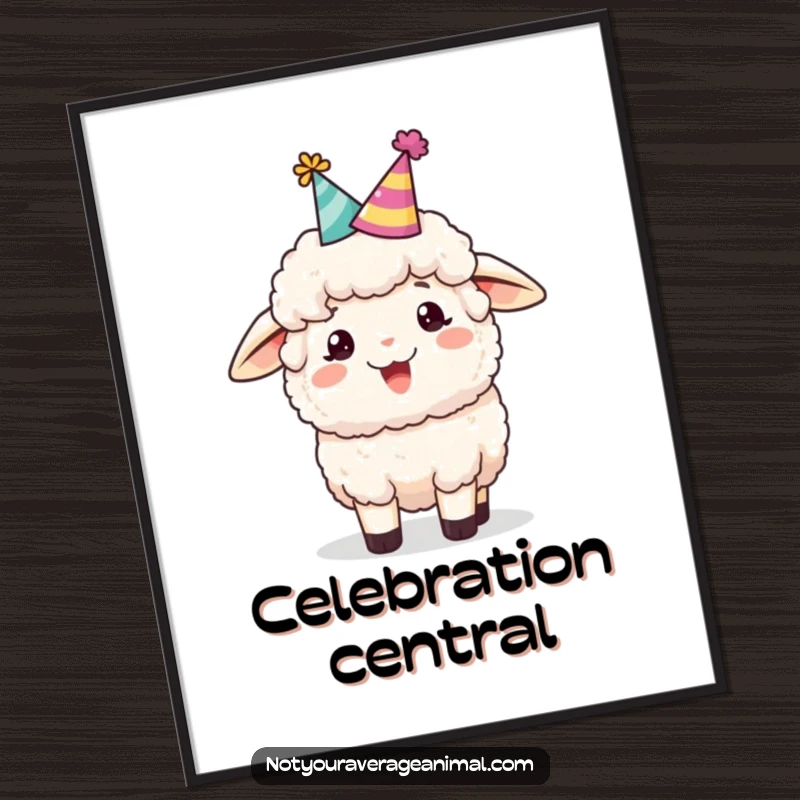 Funny sheep poster illustration of a fluffy sheep in a party hat cheerfully bleating, bringing animated festive joy to your walls.