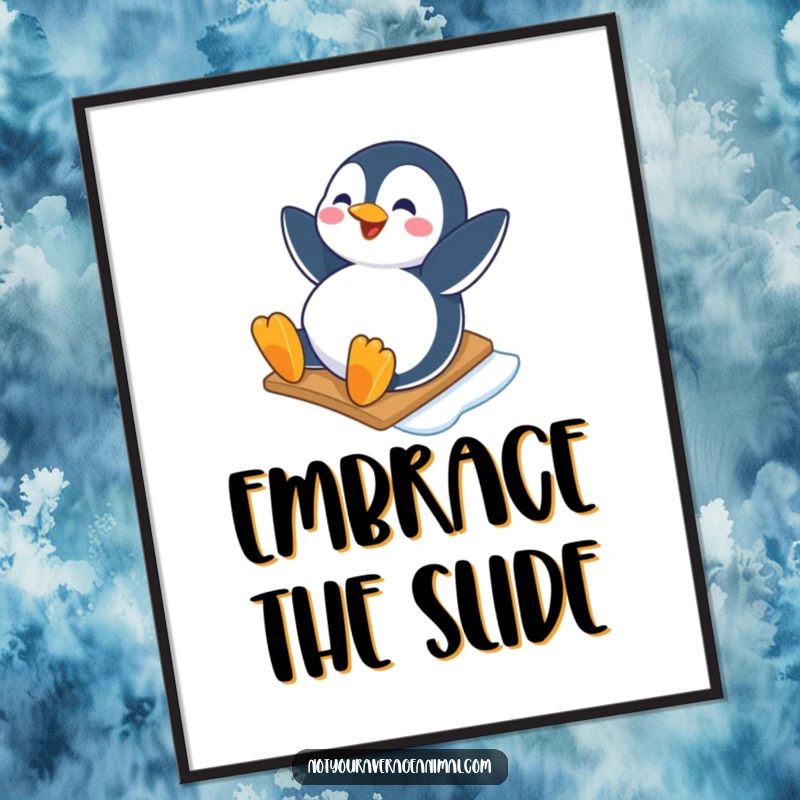 Funny poster artwork of a happy penguin character sliding down an icy slope with pure joy, adding cheerful winter decor.