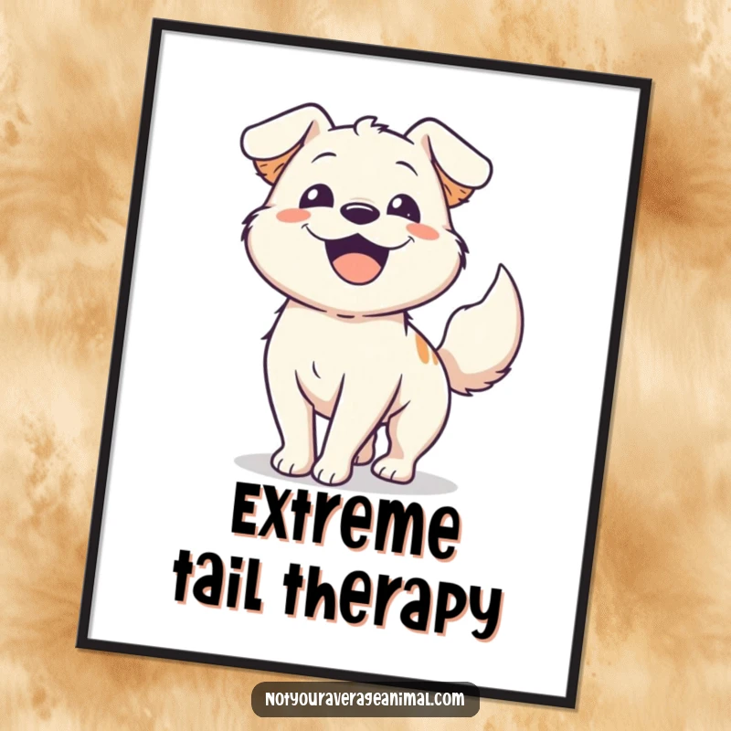 Funny happy dog poster depicting an excited dog with its tail wagging furiously, radiating pure joy and canine enthusiasm.