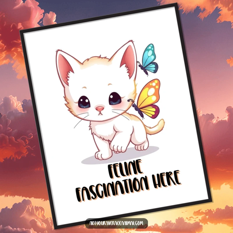 Funny curious kitten joyfully chasing a shimmering butterfly, ideal for whimsical and heartwarming wall art.