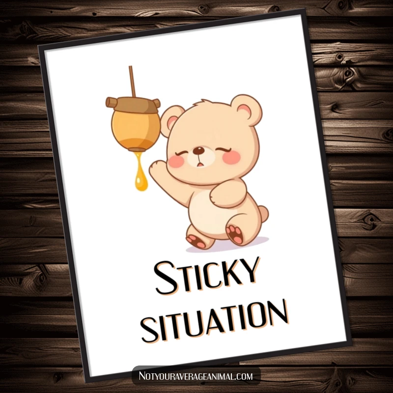 Funny poster art of a sleepy bear cub with eager eyes, stretching excitedly to reach a dangling honeypot, capturing a moment of sweet desire.