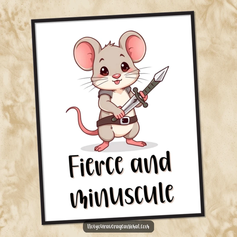 Funny Mouse Poster: A brave little mouse stands tall, holding a minuscule sword, inspiring courage and whimsy on your wall.