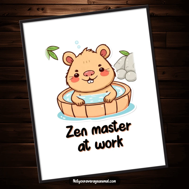 Funny Capybara Poster depicting a playful capybara character deeply relaxed in a warm hot spring, radiating peace.
