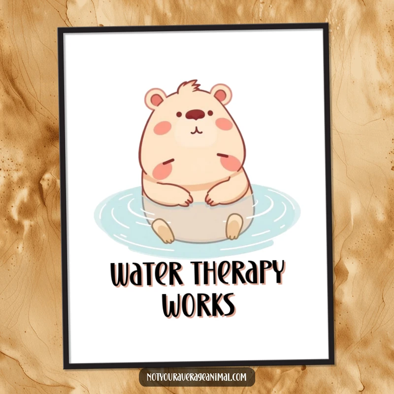 Funny poster showcasing a content capybara character finding pure bliss while relaxing in tranquil water.