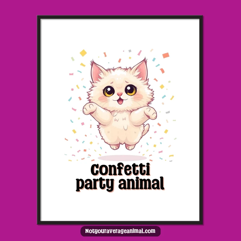 Funny Cat Art Poster: Joyful Confetti Leap, Whimsical Wall Decor Gift