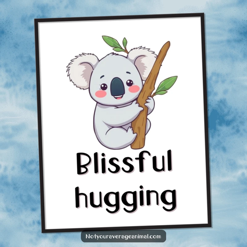 Funny poster depicting a content koala character happily hugging a eucalyptus branch, radiating peace and cheerful contentment.