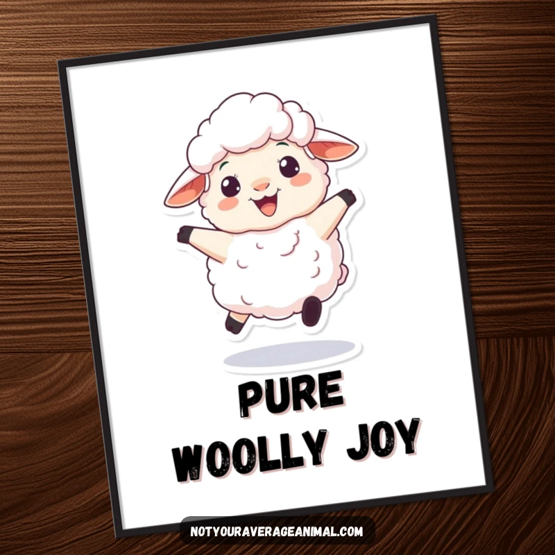 Funny poster art of a fluffy sheep character playfully bouncing with an infectious woolly grin, symbolizing pure, lighthearted fun.
