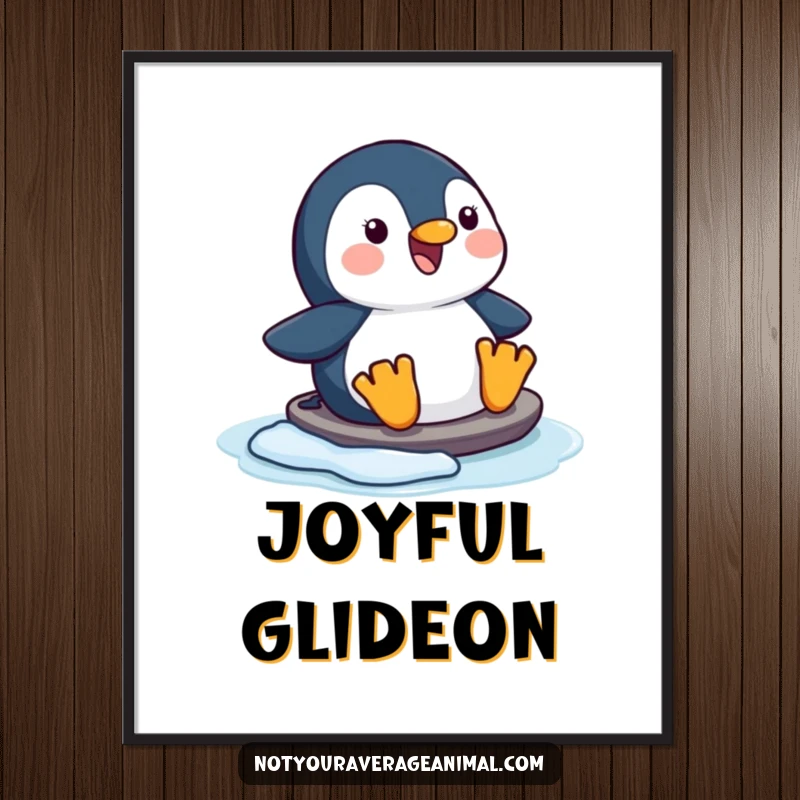 Funny happy penguin poster, a character doing a joyful slide on ice, bringing winter cheer to decor.