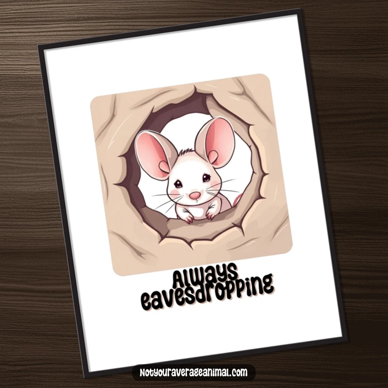 Funny poster artwork of a small mouse with exceptionally large ears peeking out from a hole, creating a charming and humorous scene.