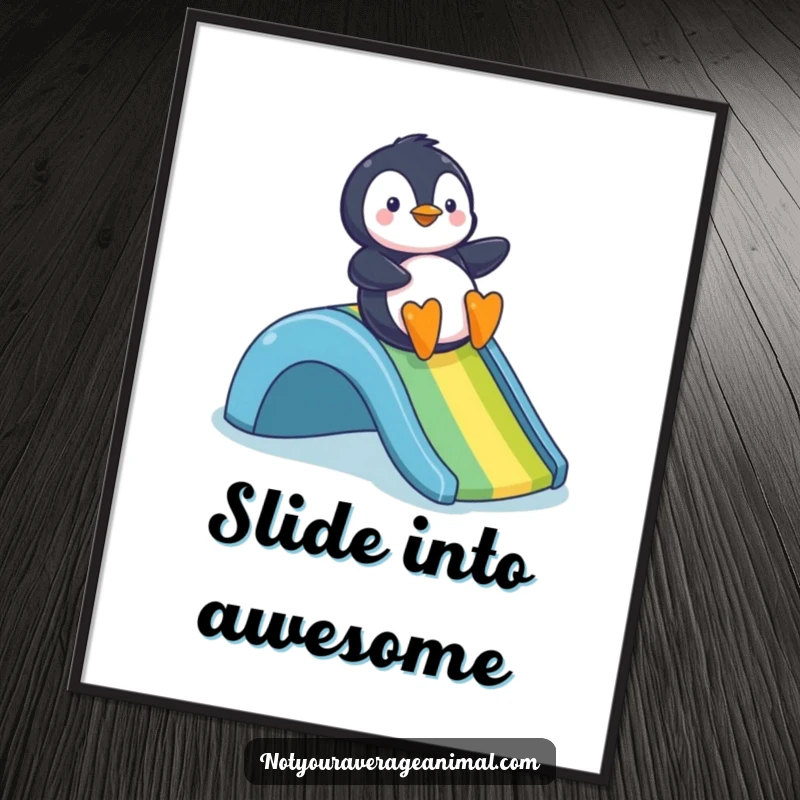 Funny poster illustrating a happy penguin comically sliding down a bright, arching rainbow, radiating pure delight.