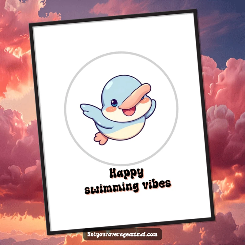 Funny poster showcasing a goofy platypus character swimming with an enormous, infectious smile, bringing aquatic cheer.