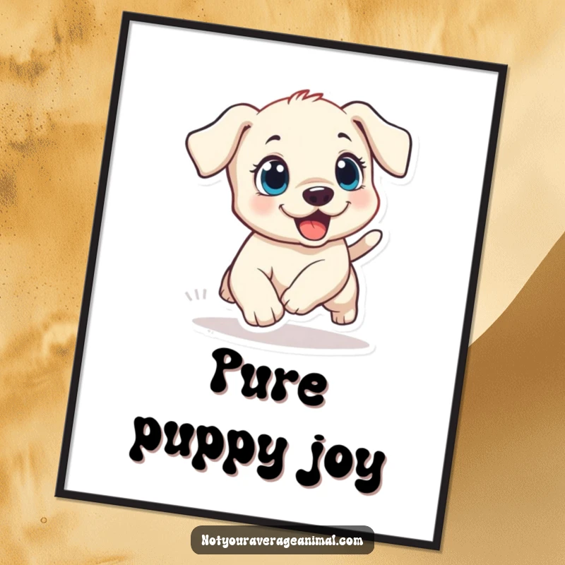 Funny puppy poster featuring a small dog with wide, excited eyes, comically chasing its tail, ideal for charming wall art.
