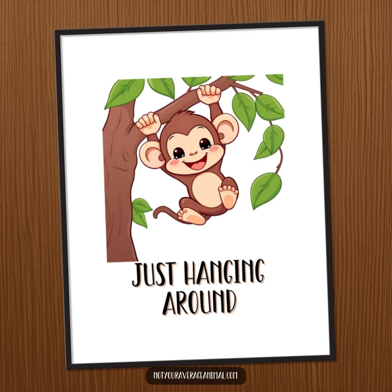 Funny poster depicting a monkey joyfully swinging from a vine, capturing a moment of pure, silly, and humorous primate energy.