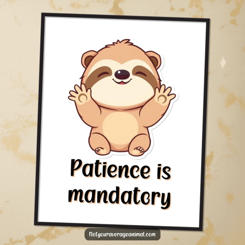 Funny poster showcasing a heartwarming sloth character extending a slow, gentle wave hello, creating a cheerful atmosphere.