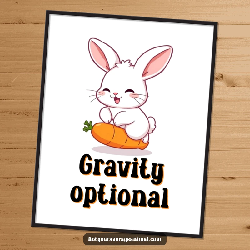Funny poster art of a fluffy rabbit with big ears, joyfully hopping over a comically bouncing carrot, symbolizing carefree happiness.