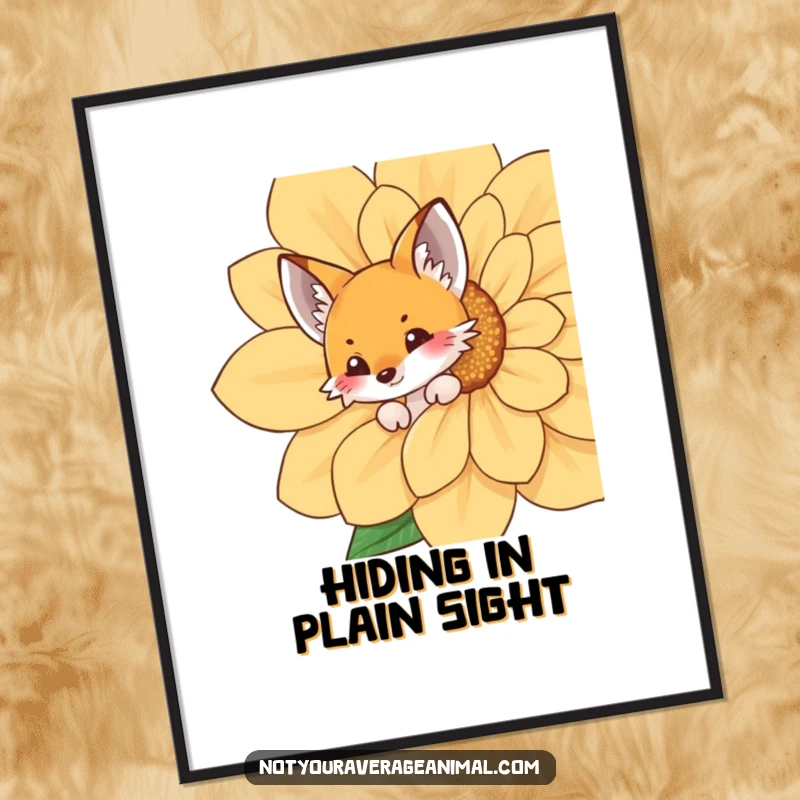 Funny fox poster featuring a playful fox peeking from behind a giant flower, creating a whimsical and charming nature-themed artwork.