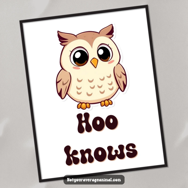 Funny owl poster capturing a smiling owl with large, observant eyes, peacefully hooting with contentment.