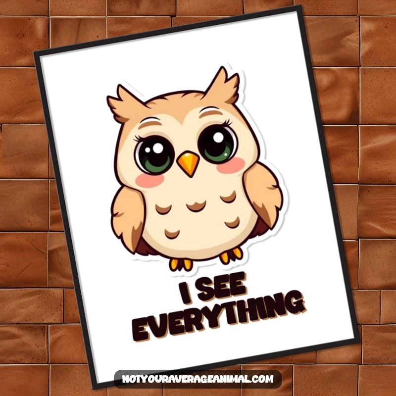 Funny poster of a smiling owl with large eyes, emitting a contented hoot, radiating peaceful wisdom.