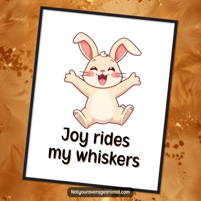 Funny poster art of a thrilled bunny mid-leap, ears flopped backward in a comical display of pure, uninhibited delight and freedom.