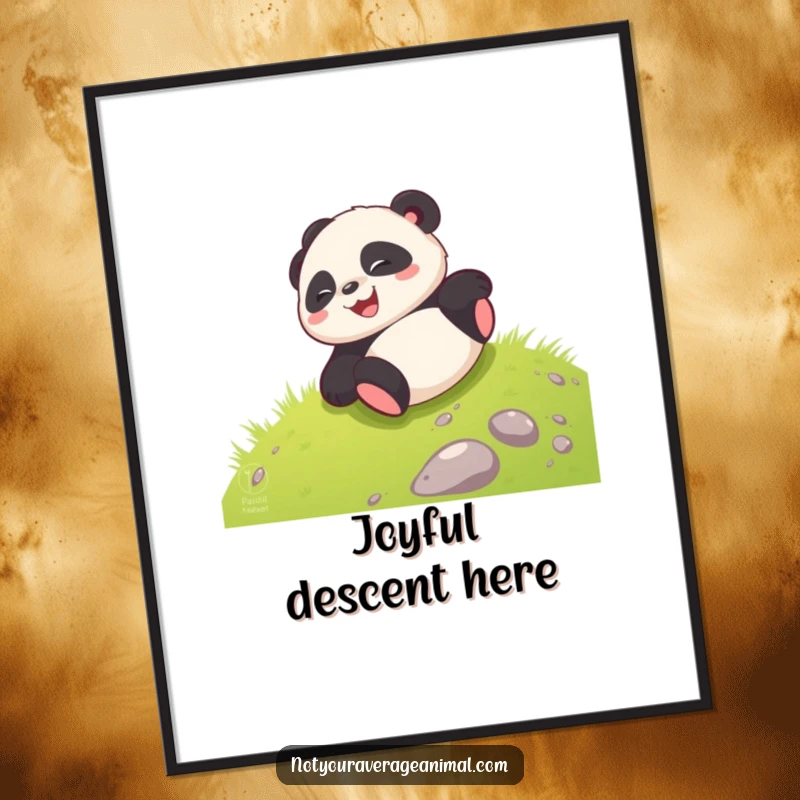 Funny giggling panda cub joyfully rolling down a grassy hill, ideal for heartwarming and humorous wall art.