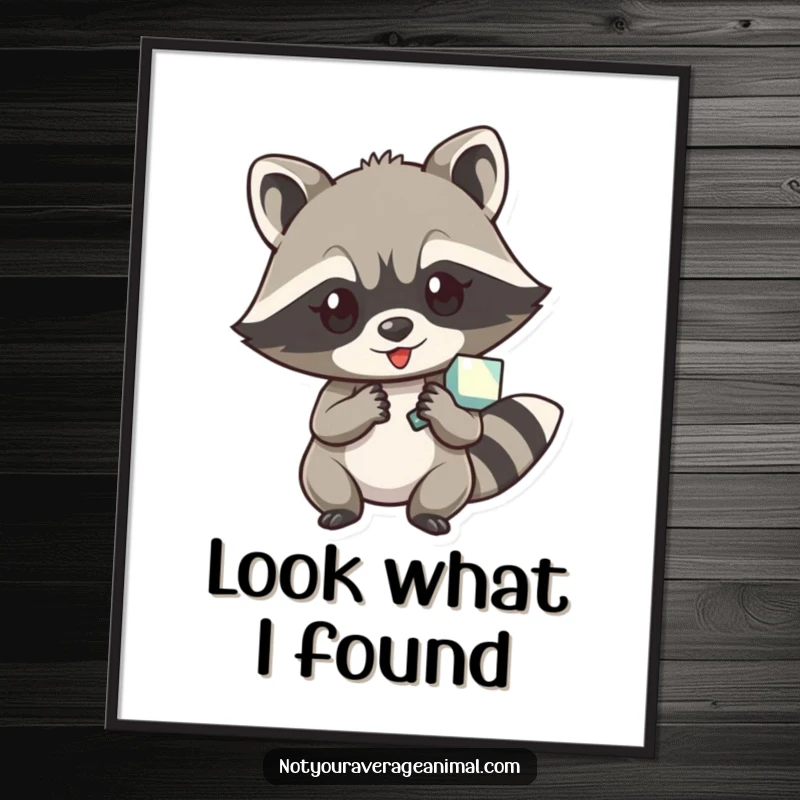 Funny poster capturing a cunning raccoon character in the act of pilfering a dazzling shiny object.