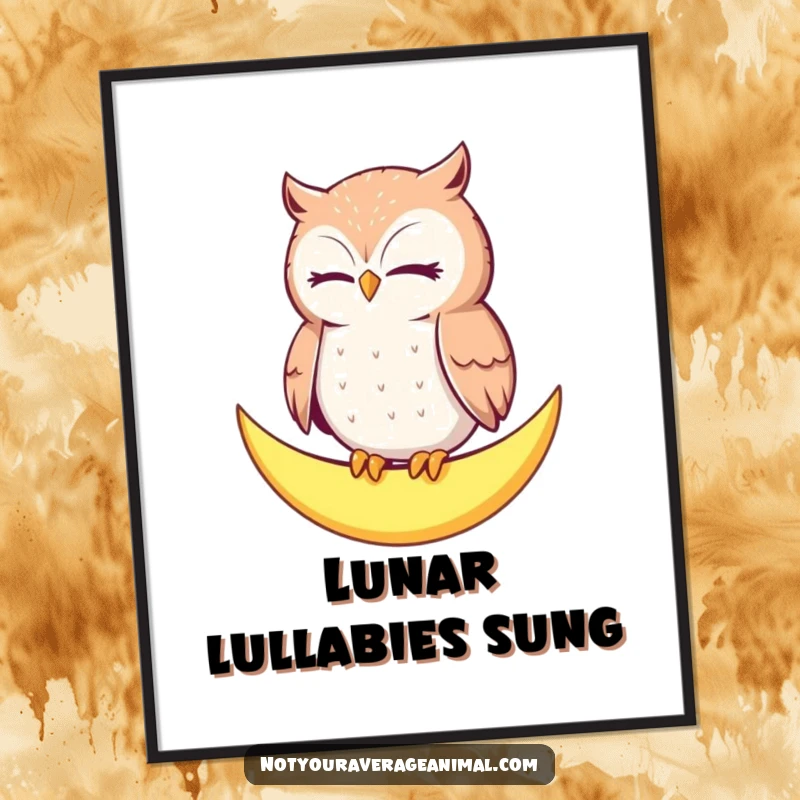 Funny Owl Moon Poster: A contented owl blinks slowly, perched on a crescent moon, bringing peaceful vibes to your decor.