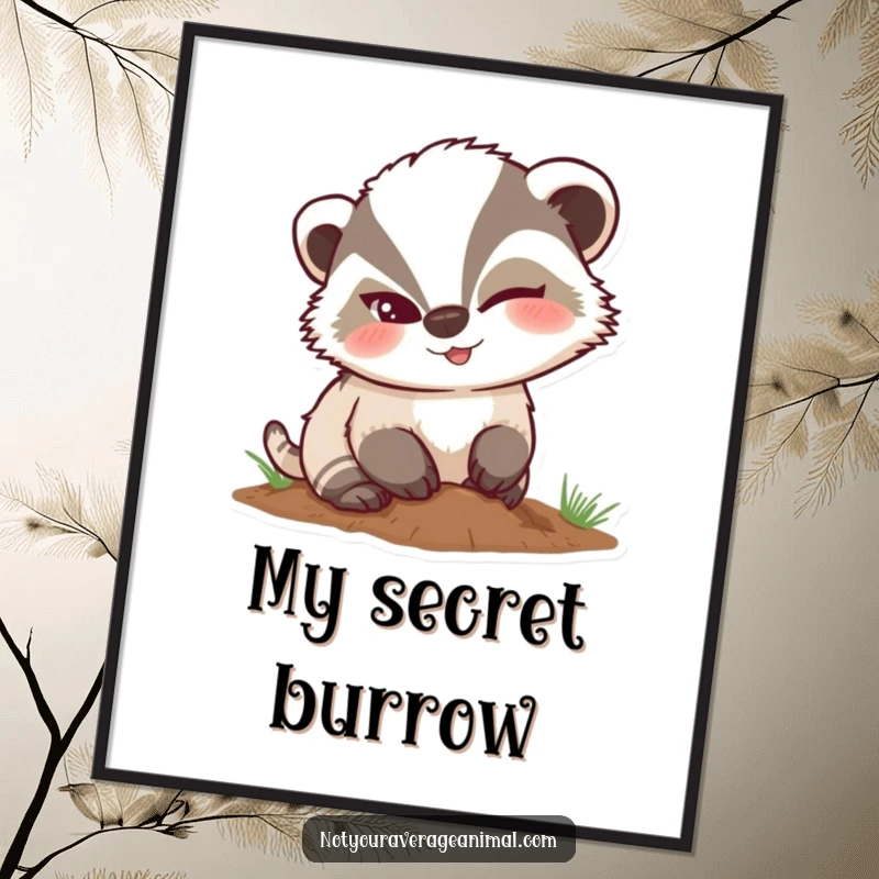 Funny mischievous badger poster, a character winking while digging, bringing sly humor to decor.