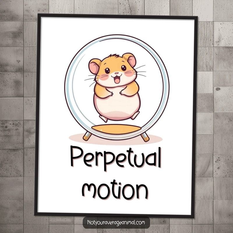 Funny poster art of a chubby hamster spinning with gusto inside a clear exercise wheel, symbolizing tireless effort and fun.
