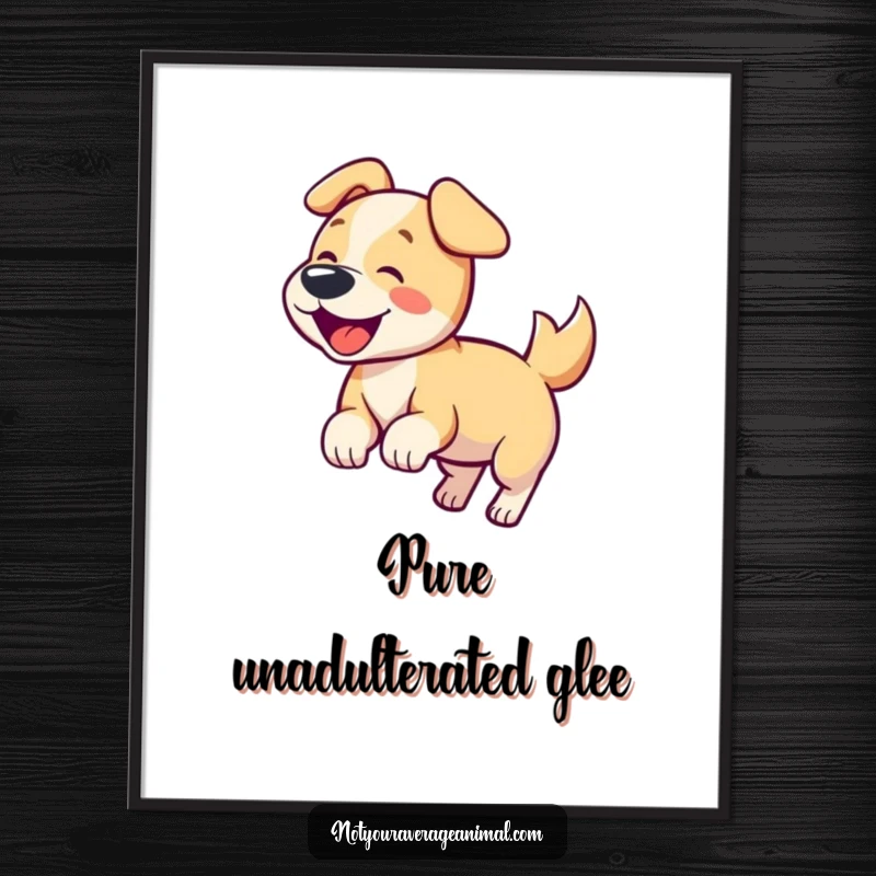 Funny dog poster depicting a happy dog wagging its tail and barking, radiating pure joy and excitement.