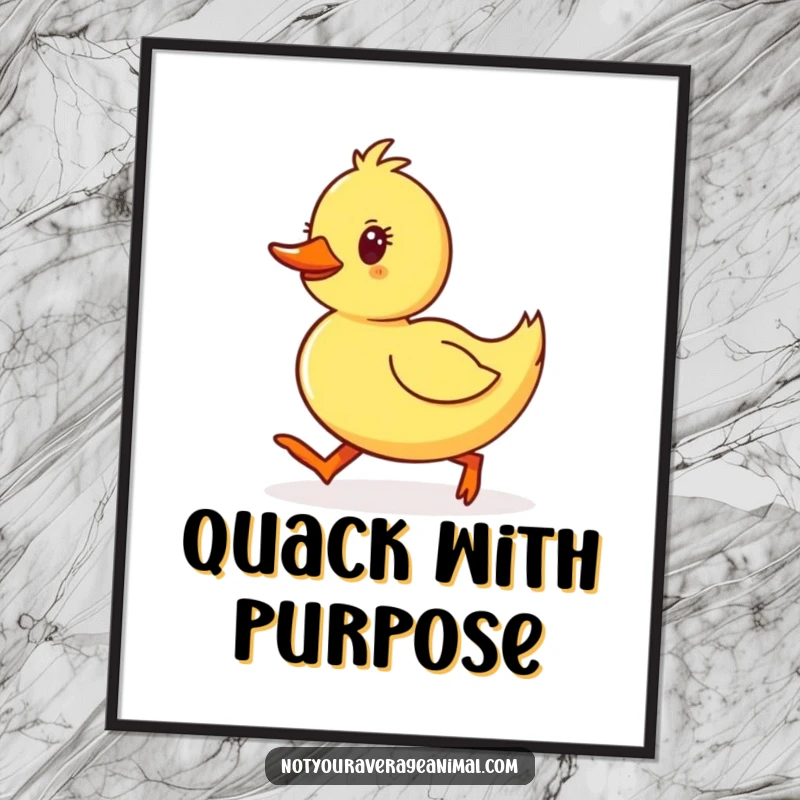 Funny Duckling Poster of a yellow duckling waddling with determined, happy steps, symbolizing cheerful perseverance. A humorous art piece.