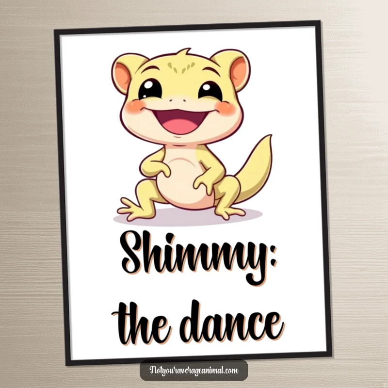 Funny Gecko Poster depicting a happy gecko character in the midst of an energetic happy little shimmy, full of life.