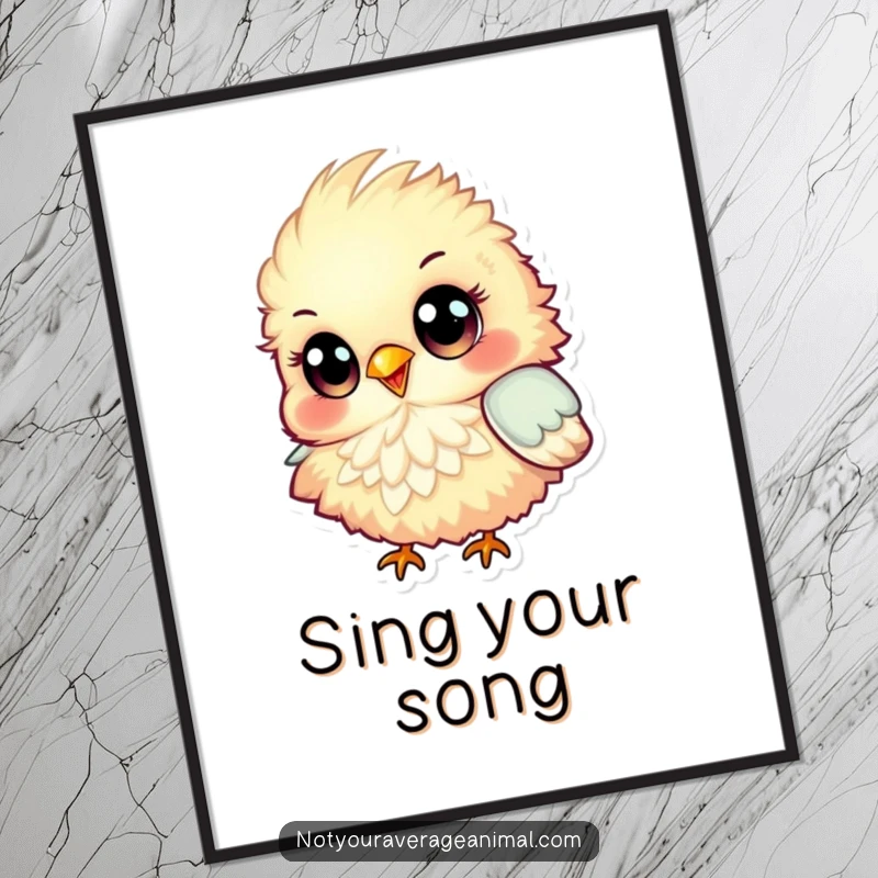 Funny Poster of a fluffy, colorful bird with large, expressive eyes, happily chirping, adding a touch of cheerful art to any wall.