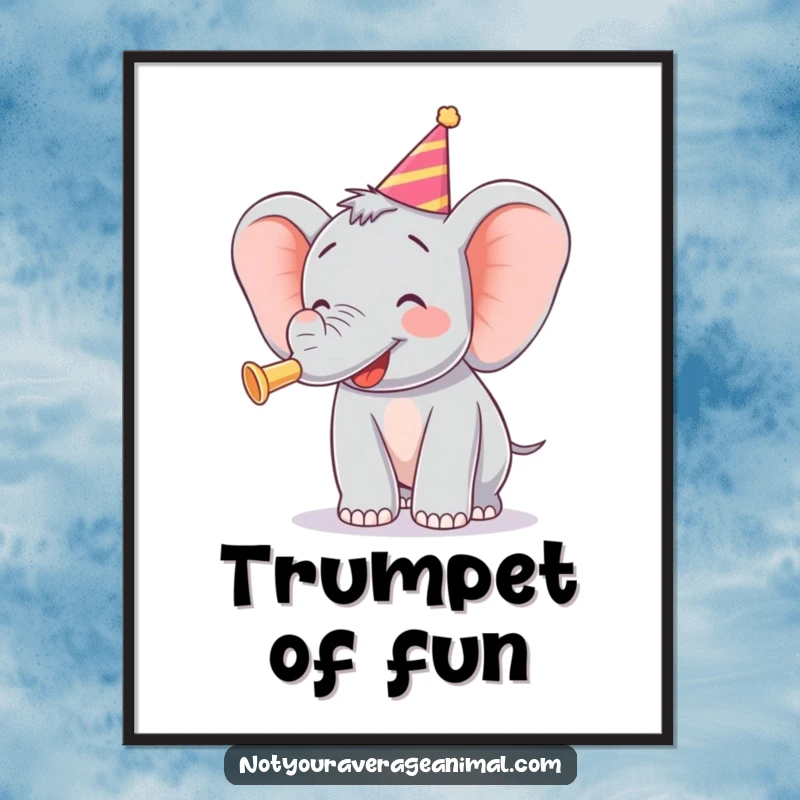 Funny poster illustrating a joyful elephant enthusiastically blowing a party horn, radiating pure celebration.