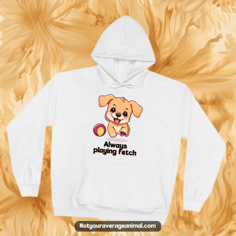 Funny Hoodie showcasing a playful dog with floppy ears, hilariously chasing a bouncing ball, radiating warmth and comical energy.