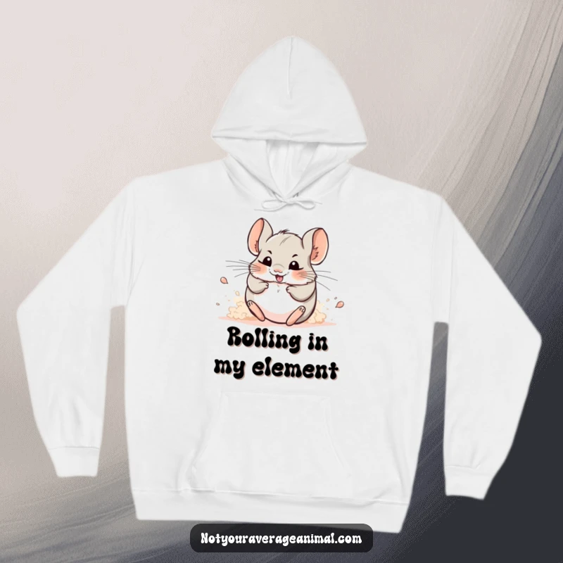 Funny hoodie: A cheerful chinchilla gleefully rolls in a thick cloud of dust.