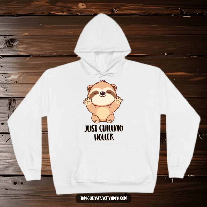 Funny hoodie featuring a cute sloth character giving a slow, friendly wave hello, perfect for cozy, happy moments.