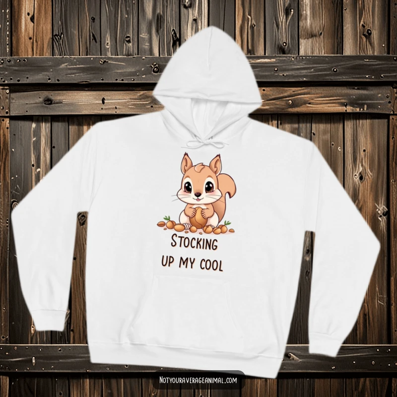 Funny squirrel hoodie with big eyes gathering nuts, offering warm and humorous woodland-themed apparel for adorable comfort.