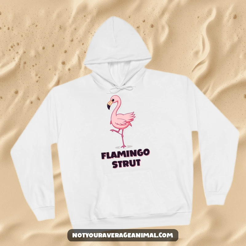 Cozy hoodie depicting a funny flamingo character dancing with one leg raised, perfect for lively humor and a funny gift.
